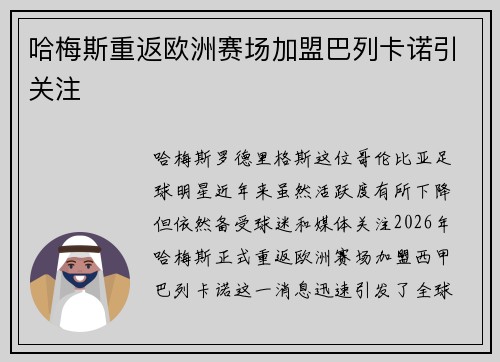 哈梅斯重返欧洲赛场加盟巴列卡诺引关注