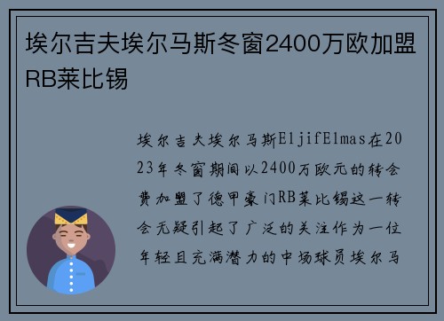 埃尔吉夫埃尔马斯冬窗2400万欧加盟RB莱比锡