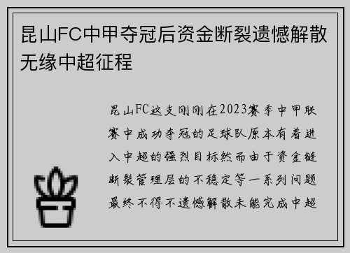 昆山FC中甲夺冠后资金断裂遗憾解散无缘中超征程